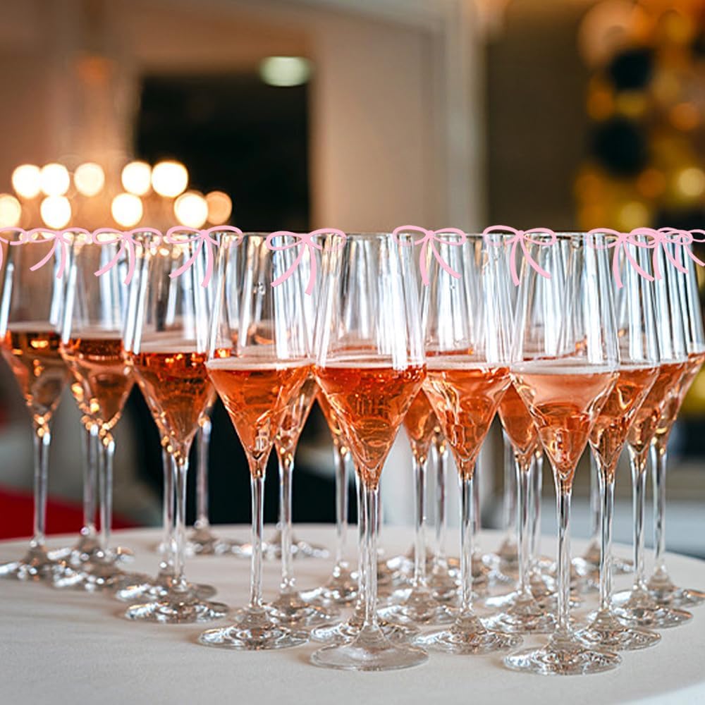 24 Pcs Pink Bow Drink Markers, Pink Bows Charms, Wine Coquette Wine Glass Tags, Drink Glasses Markers, Bar Tools Bow Acrylic Bowknot for Wedding Engagement Bachelorette Party Birthday