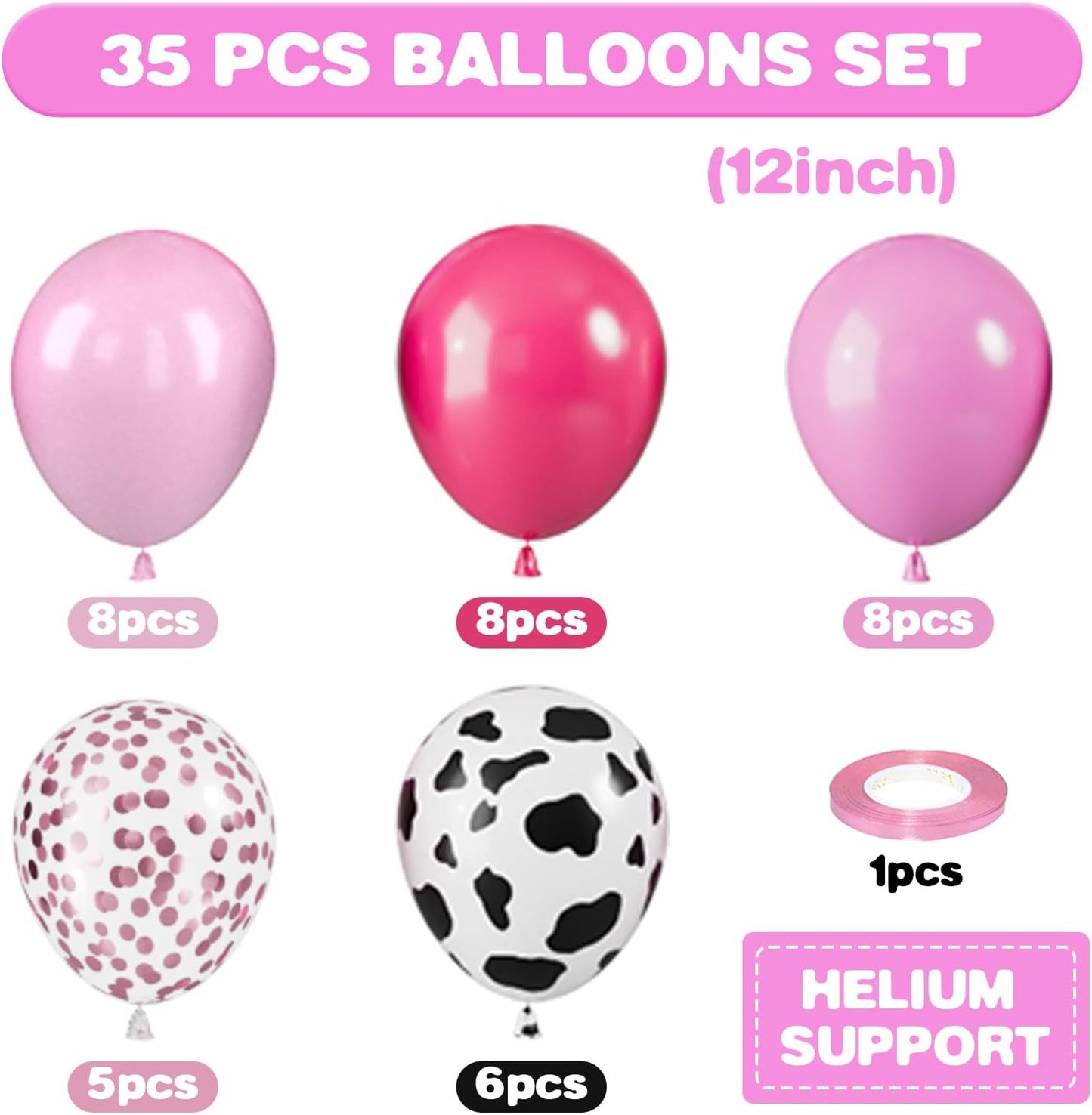 Pink Cow Balloons, 12 Inch Pink Cow Print Balloons, Pastel Hot Pinks Cows Pattern Helium Balloon Confetti Latex Balloon for Girl Farm Birthday Baby Shower Rodeo Party Decorations