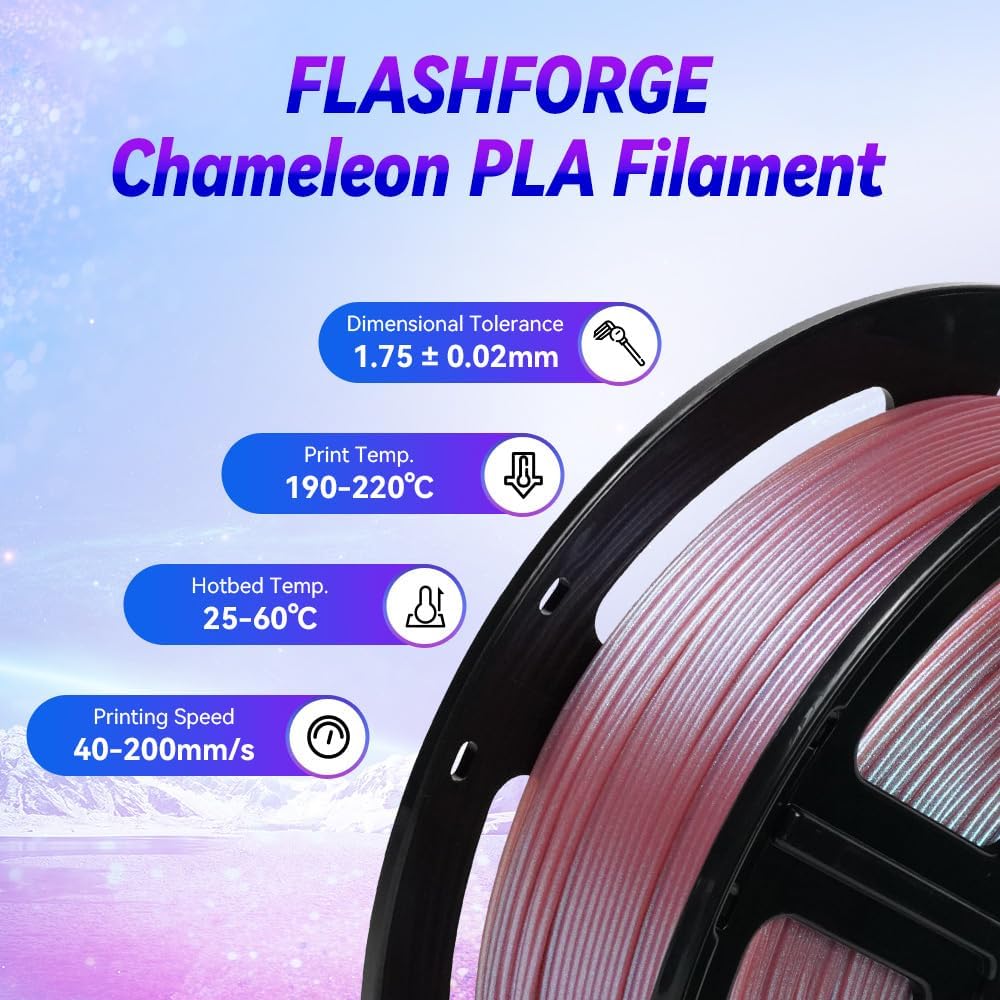 FLASHFORGE 3D Printer Filament Chameleon PLA Color Shift Filament 1.75mm, Changes Color with Light and Angles, 1KG Spool (2.2lbs), Dimensional Accuracy +/- 0.02mm for FDM 3D Printers (Rose Quartz)