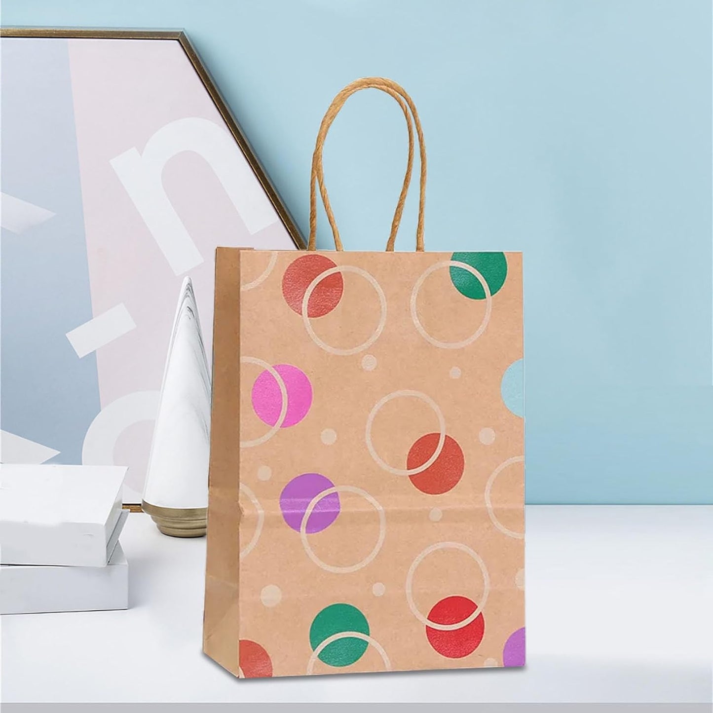 piqiya 24pcs Vintage Polka Dot Gift Bags with Handles,Colorful Dots, Circles, Spots Pattern Kraft Paper Bags for Clown Joker Party,Birthday Gift Wrap,Goody Treat Bags