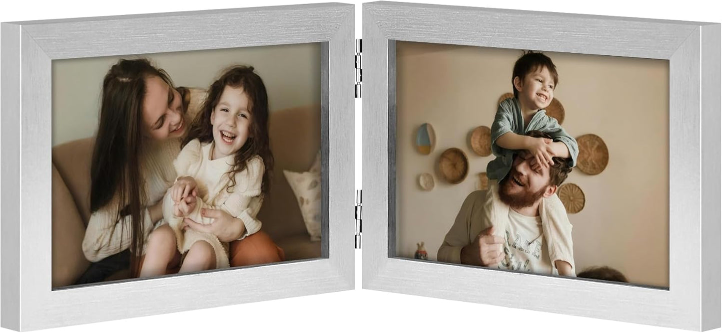decorUhome Double 6x4 Picture Frame Horizontal, Engineered Wood Bifold Photo Frame with Plexiglass for Tabletop Display, 6x4, Silver