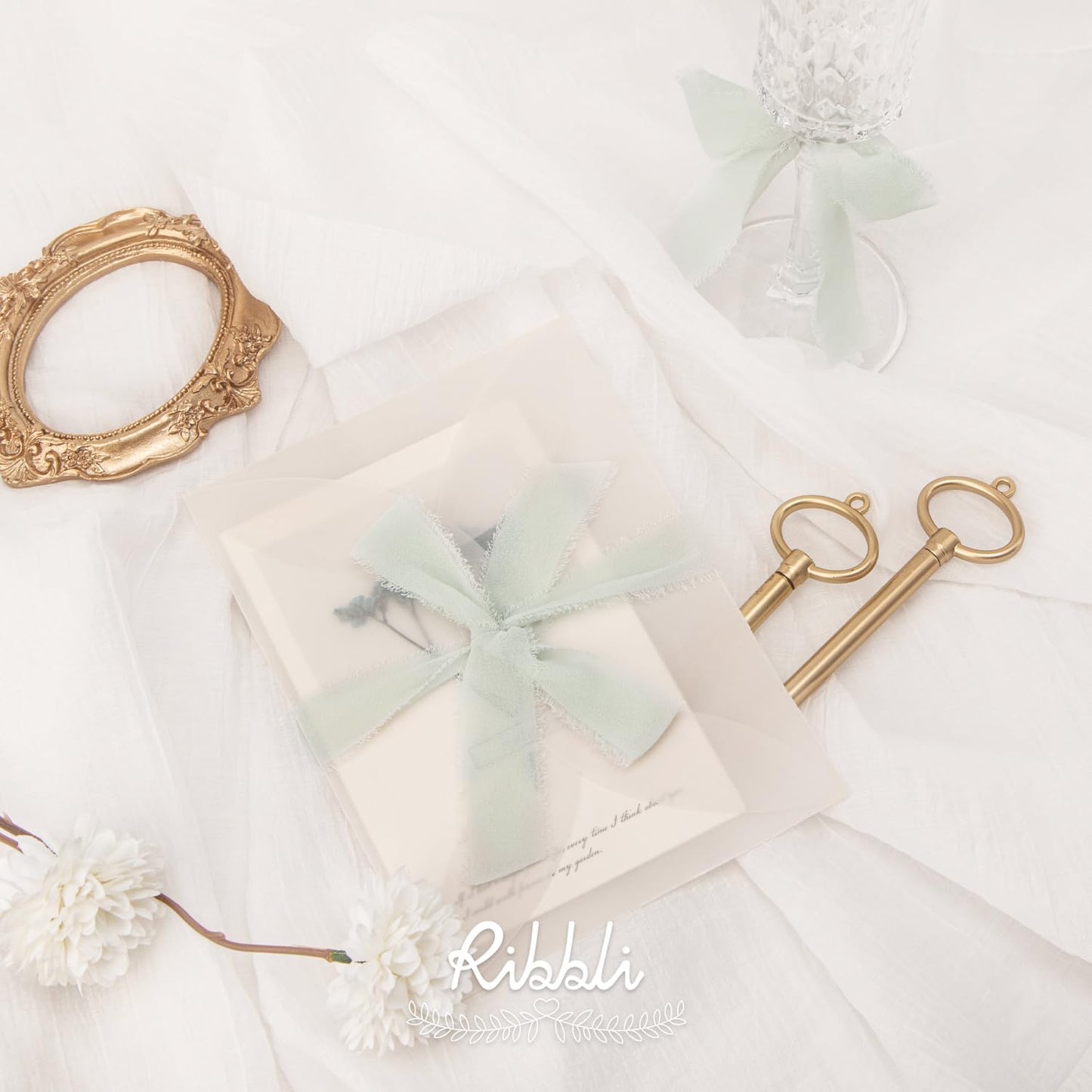 Ribbli Creamy Sage Ribbon 1 Inch x 3 Rolls Total 24 Yards Light Green Handmade Fringe Chiffon Silk Ribbon for Wrapping Wedding Invitations Bridal Bouquets DIY Crafts Home Decor