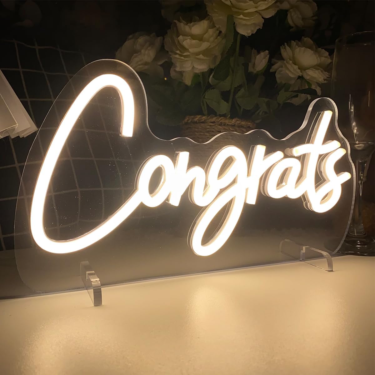 Congrats Table Number Neon Sign Desk Lamp Night Light Wedding Letter LED Neon Sign Wedding Table Decorations Neon Light Shop Bedroom Home Room Decor Christmas Party Warm White USB 30×16.5 CM
