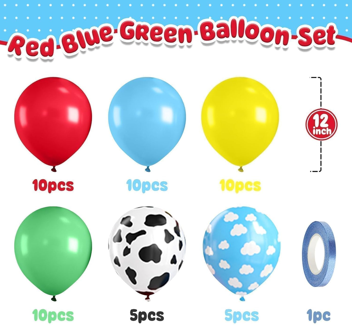 Farm Animal Print Balloon,50Pcs Sky Blue Cloud Balloons Set Red Blue Yellow Green Latex Balloon,for Boys Girls Birthday Party Supplies