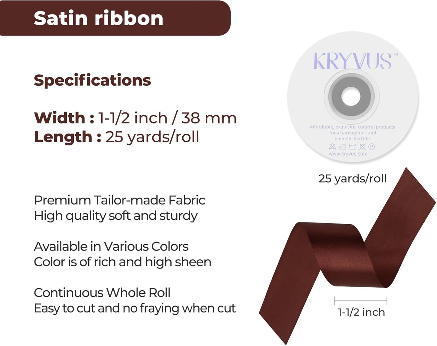 Coffee Brown Satin Ribbon 1-1/2 inch X Continuous 25 Yards, Single Face Polyester Ribbon Perfect for Gift Wrapping, Flower Bouquet, Wedding Decor, Crafts, Bow Making, Sewing and More