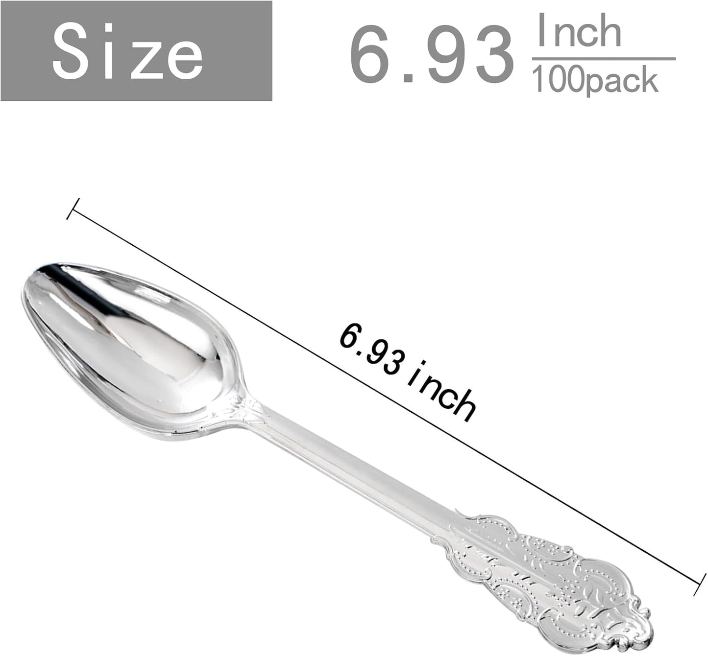 WDF 100 Piece Silver Plastic Spoons Disposable - 6.93 Inch Baroque Silver Silverware for Dessert Cake - Heavy Duty Plastic Spoons for Christmas Party, Wedding or Daily Using