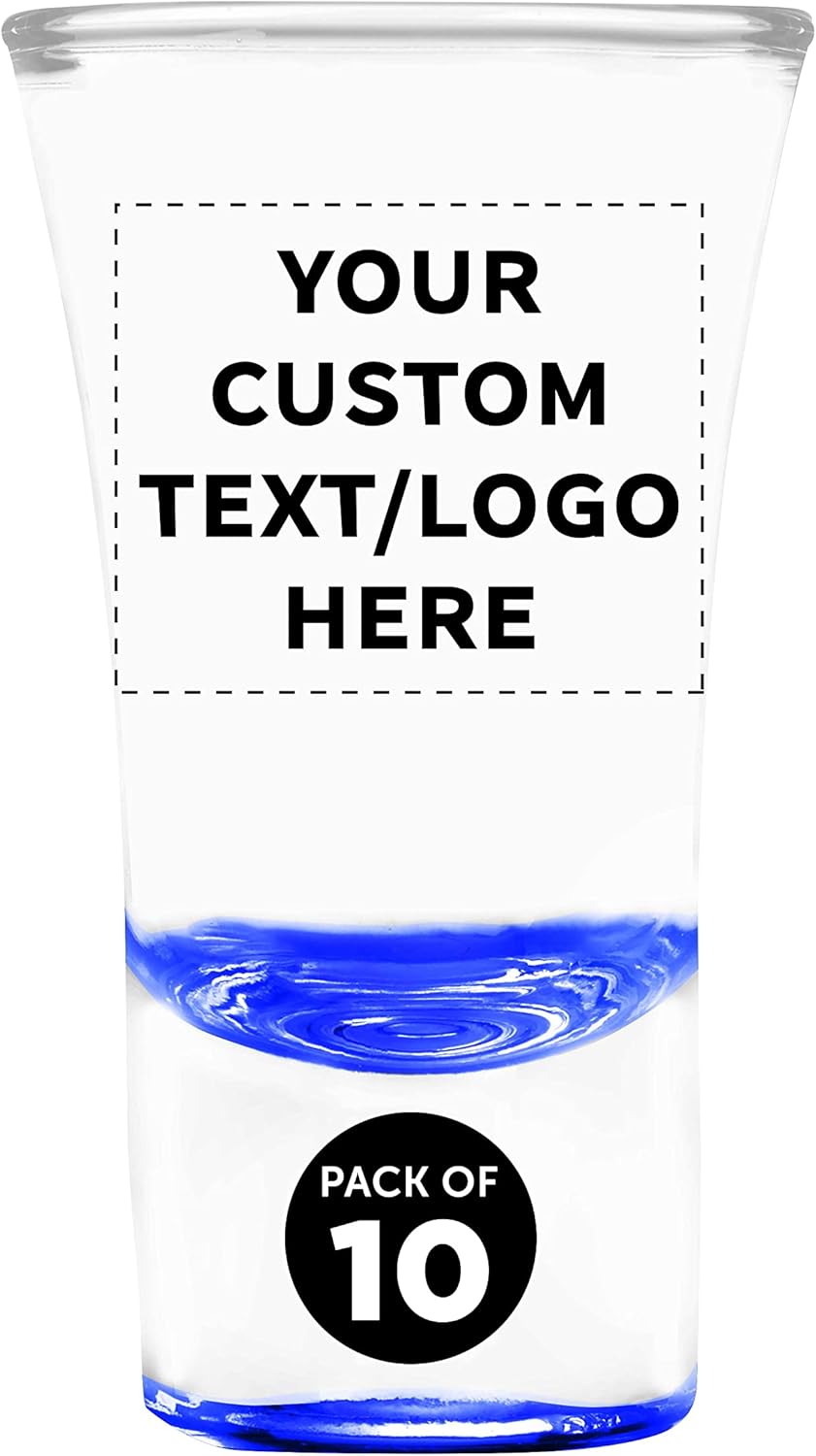 Custom 2 oz. Lord Shooter Etched Shot Glasses, 10 pack, Personalized Text, Logo, 21st Birthday Party, Lounge Glassware, Blue