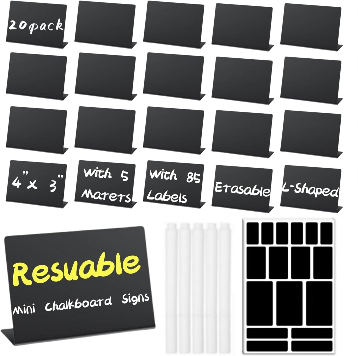 20 Pack Food Labels for Party Buffet - 4"x3" Reusable Chalkboard Buffet Signs for Food Display, Mini Tabletop Chalk Board for Catering Wedding Birthday, with 5 Markers and 85 Labels