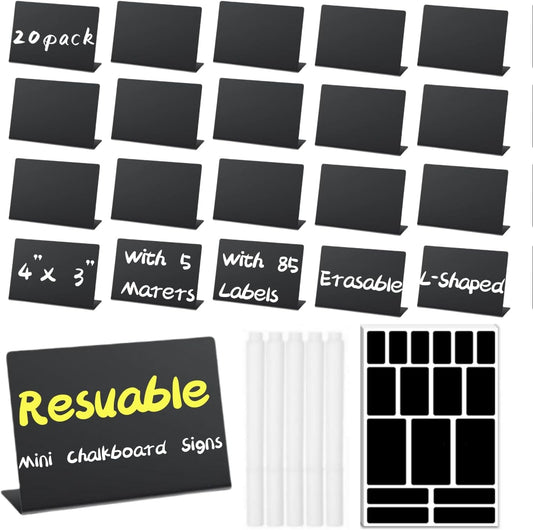 20 Pack Food Labels for Party Buffet - 4"x3" Reusable Chalkboard Buffet Signs for Food Display, Mini Tabletop Chalk Board for Catering Wedding Birthday, with 5 Markers and 85 Labels