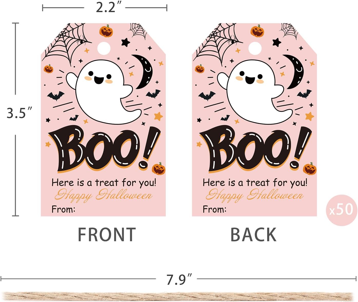 Aukolass 50Pcs Boo Gift Tags, Halloween Treat Tag for Spooky Girl Ghost Party Favor and Gift Wrapping Decoration (Pink Boo)