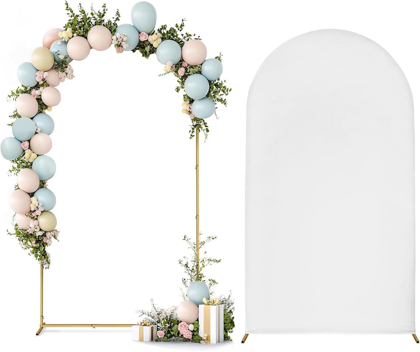 Skypatio 7.2FT Wedding Metal Arch Backdrop Stand with White Backdrop Cover, Balloon Gold Arch Stand for Birthday Party Baby Shower Wedding Decoration Stand for Backdrop