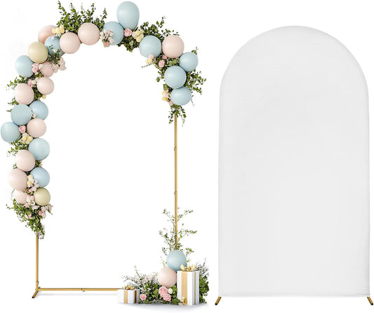 Skypatio 7.2FT Wedding Metal Arch Backdrop Stand with White Backdrop Cover, Balloon Gold Arch Stand for Birthday Party Baby Shower Wedding Decoration Stand for Backdrop