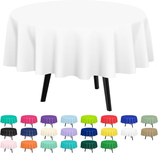 QIKSION White Round Tablecloth 6 Pack, 84 Inch Plastic Table Cover Disposable for Parties