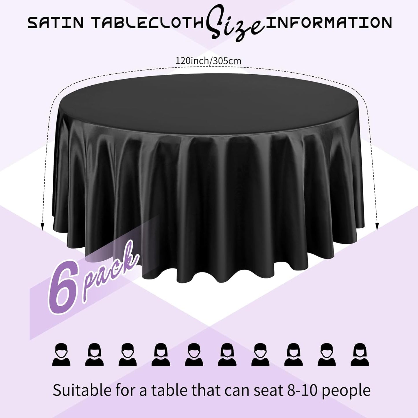6 Packs Satin Tablecloth 120 Inch Black Round Table Cloth Silk Tablecloth Smooth Fabric Overlay Satin Table Cover Decoration for Wedding Party Banquet Events