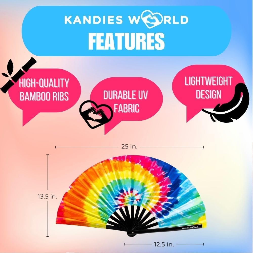 Kandies World UV Reactive Custom Festival Folding Hand Fan - Unique Designs, Made of Bamboo, Clacking Sound, Lightweight - Perfect Rave and Festival Accessory!