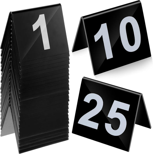 Table Numbers 1-25 Acrylic Double Side Numbered TableS Tents Plastic Restaurant Wedding Tables Number Table Tent Numbers Cards Signs for Party Banquets Wedding Reception (Black, White)