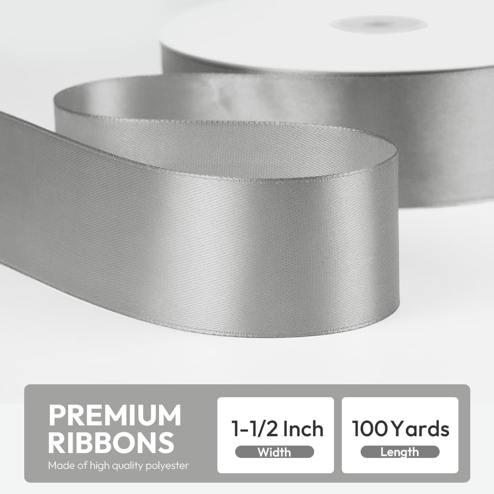 1-1/2" x 100 Yards Satin Ribbon - Silver Silk Ribbon with Spool - Ideal for Gift Wrapping, Floral Bouquets, Crafts, Wedding Party Decorations, Christmas and Sewing Projects