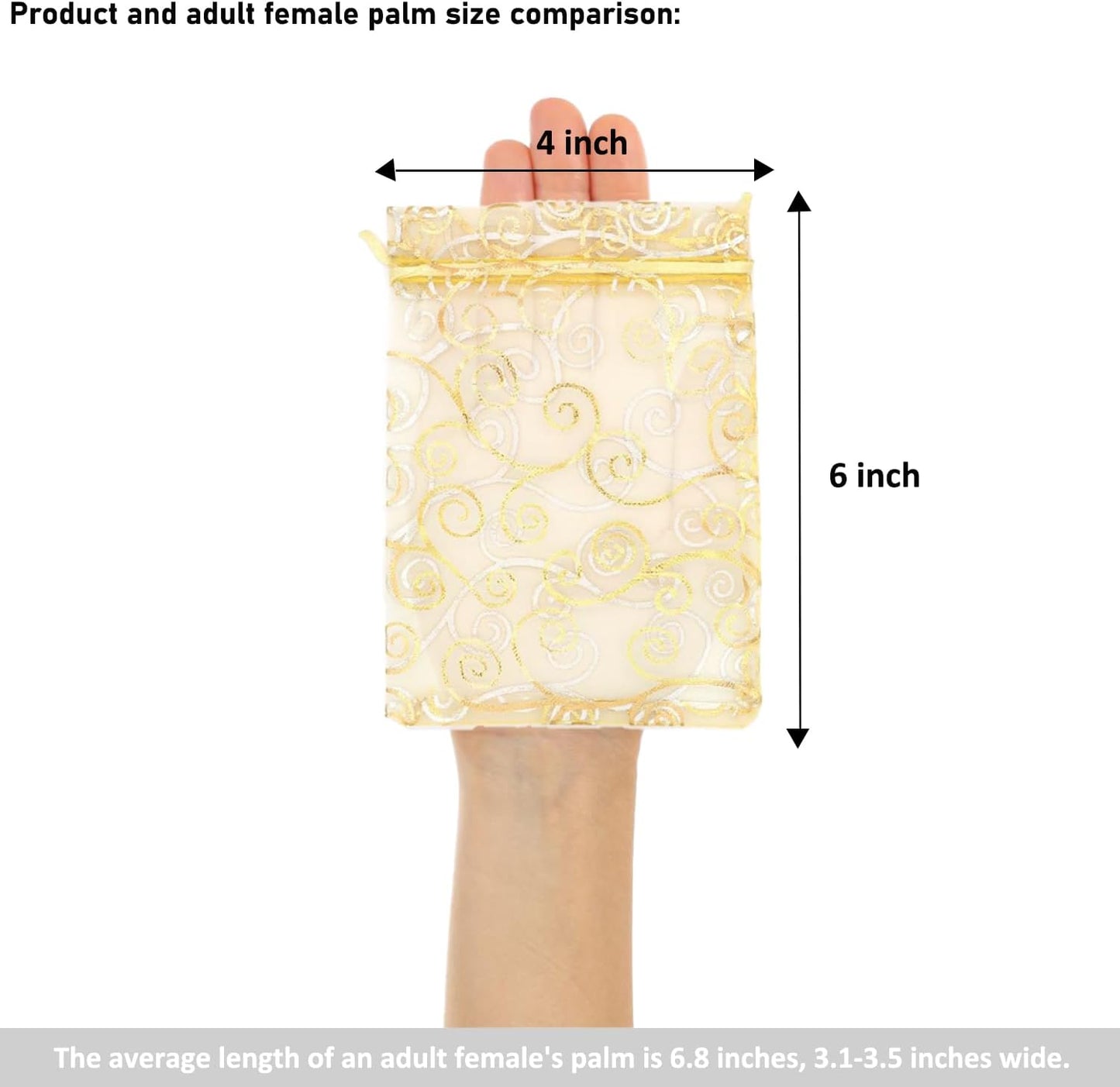 Staruby Organza Gift Bags 100Pcs Gold Sheer Organza Bag 4x6 Inch Mesh Favor Bags Drawstring Jewelry Rattan Printed Gift Pouches for Wedding Party Favors Couple Shower Christmas Gifts Candy Bags