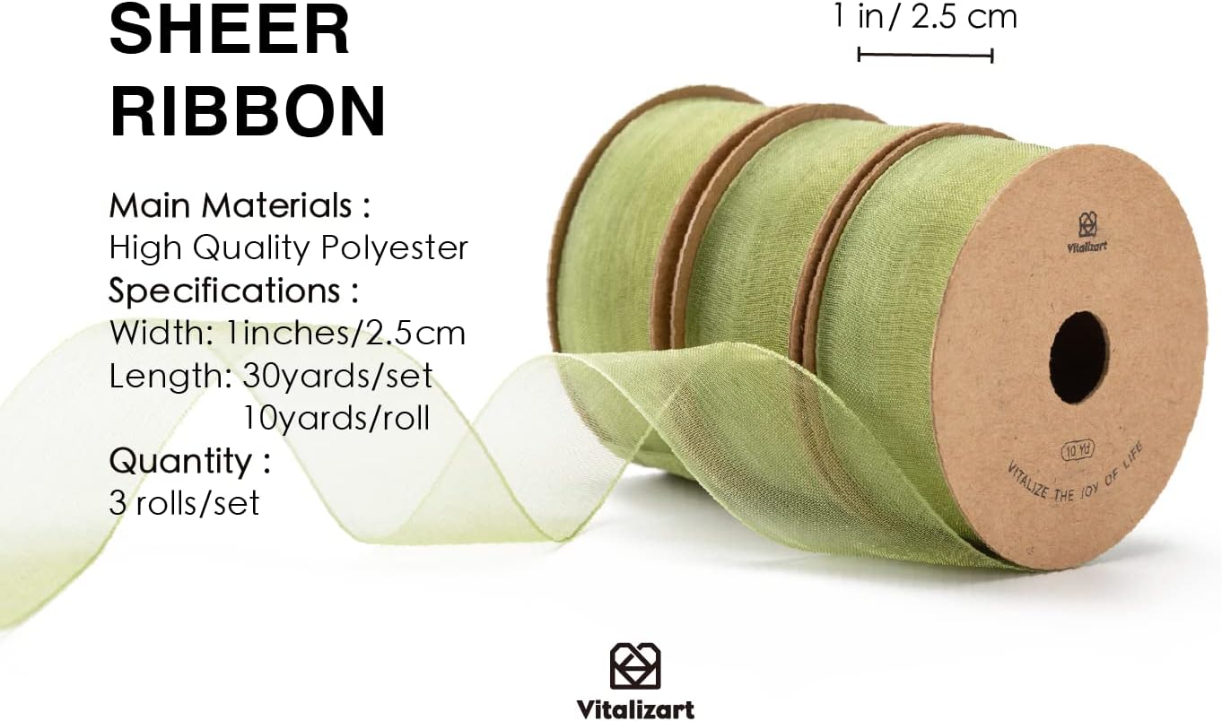 Vitalizart Sage Green Ribbon Organza Sheer Ribbon 1 inch x 30 Yd Handmade Fabric Ribbons for Gift Wrapping Christmas Tree Crafts Bows Wedding Invitations Wreaths Wrap