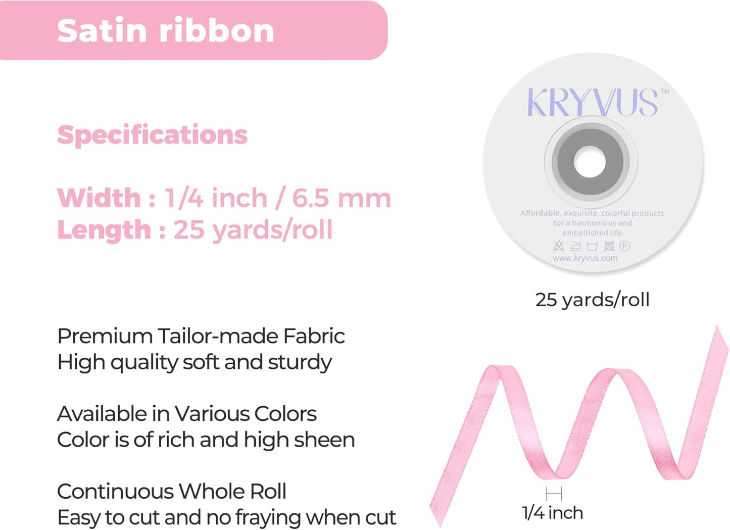 Rose Pink Satin Ribbon 1/4 inch X Continuous 25 Yards, Single Face Polyester Ribbon Perfect for Gift Wrapping, Flower Bouquet, Wedding Decor, Crafts, Bow Making, Sewing and More