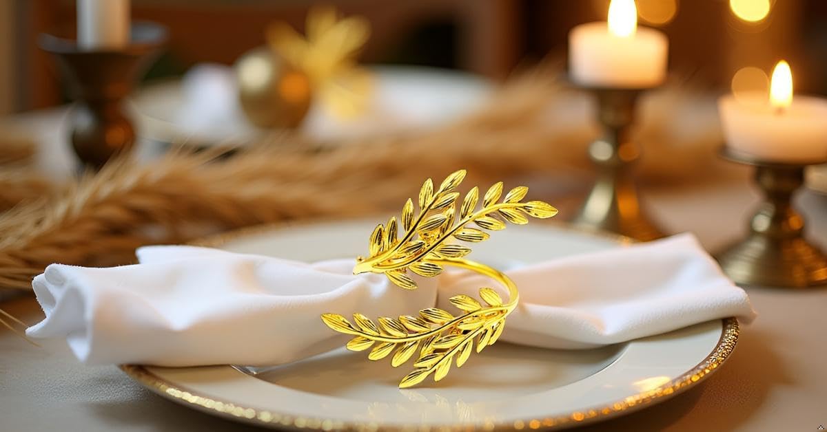 Gold Leaf Napkin Rings Set of 6,Metal Wheat Leaf Napkin Rings for Party Decoration, Dinning Table and Daily Use (Leaf 6pcs)