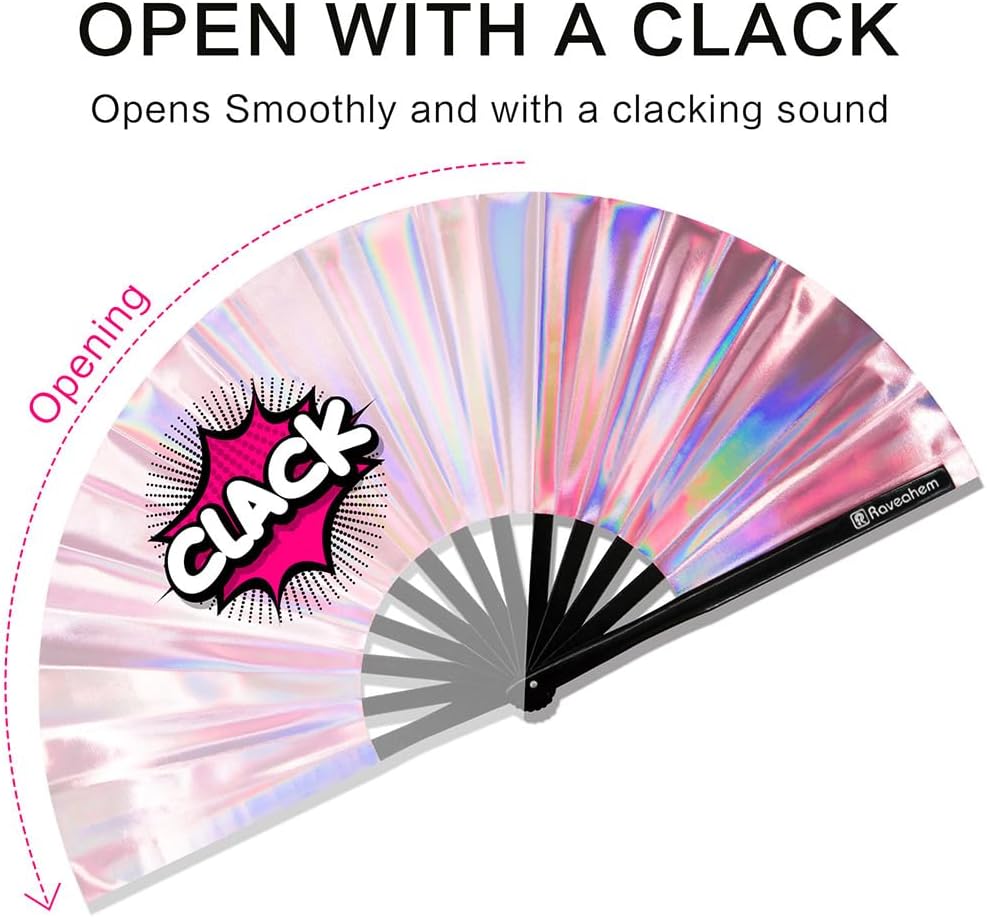 Large Rave Fan, Clack Folding Hand Fan with Premium Fabric, Thick Bamboo Frame for Men Women Gift for EDM, Festival, Club, Party, Dance, Decoration (Holographic Pink, 13")
