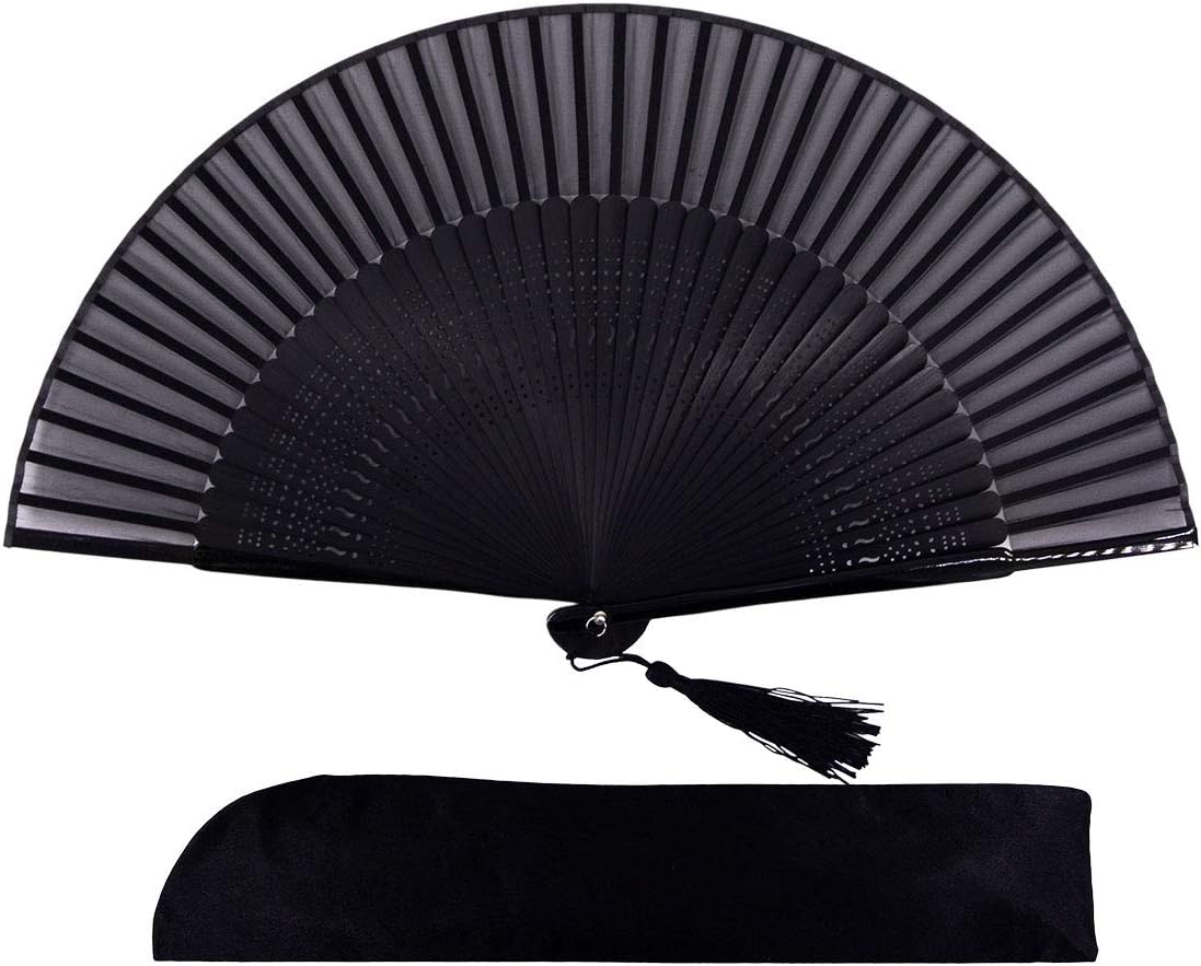 Amajiji 8.27"(21cm) Hand Held Bamboo Silk Folding Fan Hand Fan,Chinese/Japanese Charming Elegant Vintage Retro Style,Women Ladys Girls Best Gifts (Black-2)