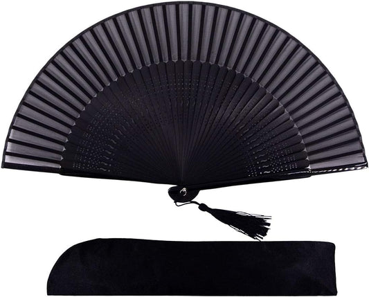 Amajiji 8.27"(21cm) Hand Held Bamboo Silk Folding Fan Hand Fan,Chinese/Japanese Charming Elegant Vintage Retro Style,Women Ladys Girls Best Gifts (Black-2)