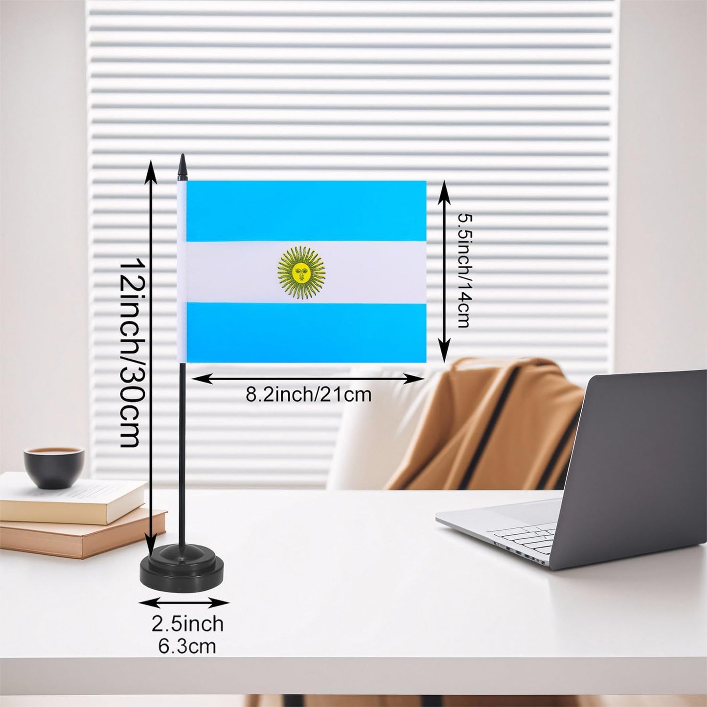 Argentina Desk Flag 12" Solid Pole Deluxe Set Argentinian Flags Banner Mini Small Argentina Office Table Flags with Black Stand Base Desktop Decorations(2Pack)