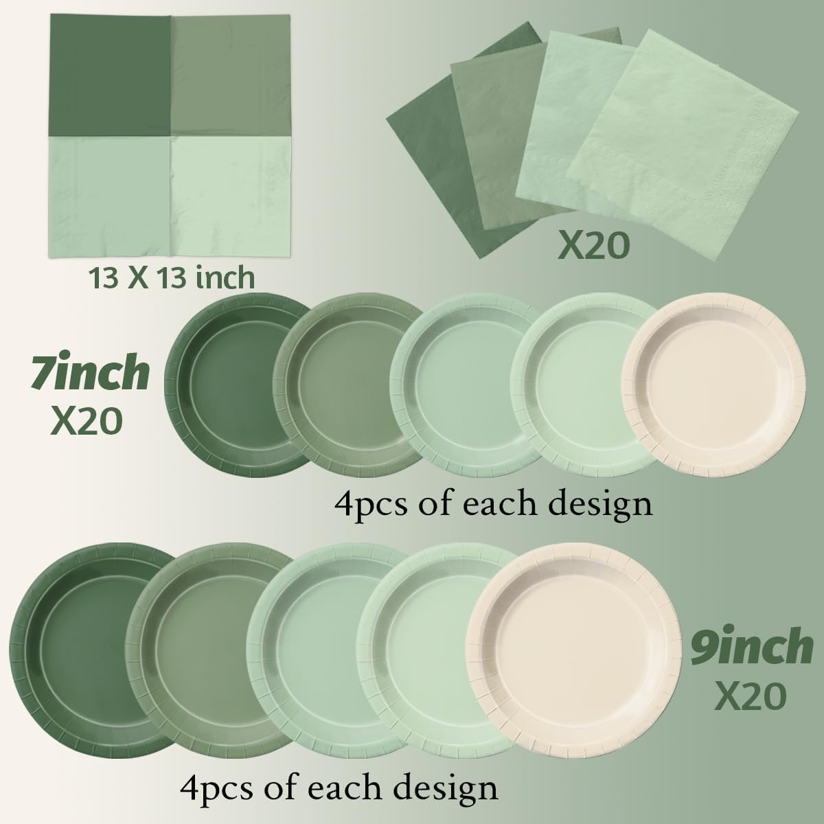 CMUSKO Sage Green Baby Shower Decorations - 60pcs Gradient Plates & Napkins Kit - Party Supplies for Birthday,Wedding