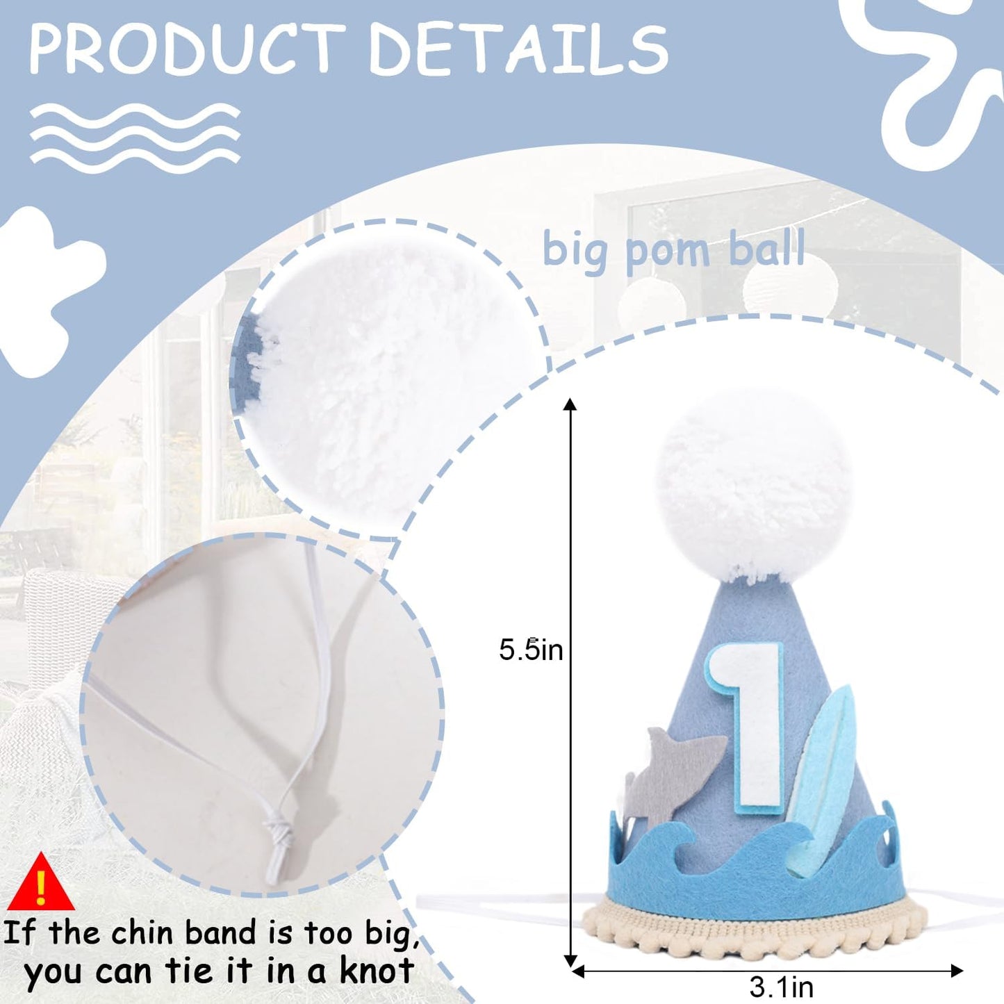 The Big One Birthday Hat - Shark 1st Birthday Party Decorations, Summer Surf Party Hat, Sea Wave Birthday Headwear