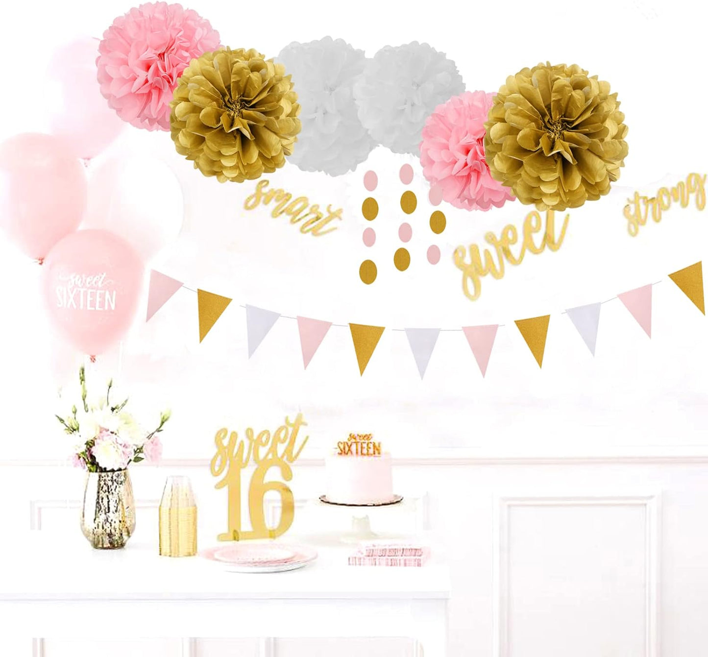 Pink-White Gold Girl Birthday Party-Decorations - 23pcs Kits Tissue Paper Pom Poms Streamers,Princess Banner Flags,Bachelorette Baby Bridal Shower Engagement Decoration Tassel Garland Lasting Surprise