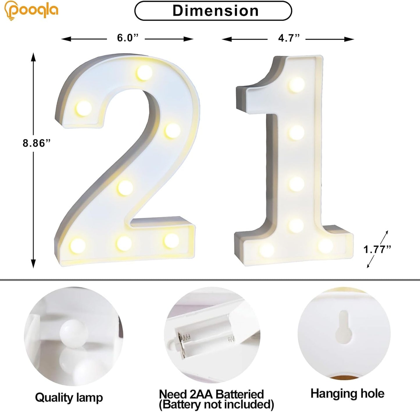 Pooqla 21st Birthday Decorations for Her Him, Decorative LED Light Up Numbers, Marquee Numbers 21 Sign for Party Backdrop 21st Wedding Anniversary Decor, Warm White and Cool White Number 21