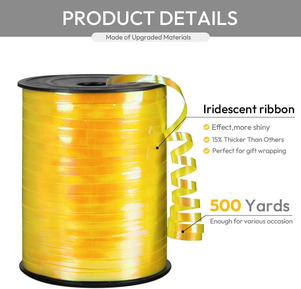 KMER LIFE Yellow Gradient Curling Ribbon, 1/5" Wide x 500 Yards Christmas Curling Ribbons for Gift Wrapping, Party Decoration, Balloon String, Crafting, Balloon Ribbons for Florist Flower (1 Roll)