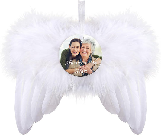 Personalized Photo Christmas Ornaments - Custom Christmas White Angel Wings Ornament Hanging, Feather Hanging Decor with Photo Text for Christmas Tree Xmas Gifts