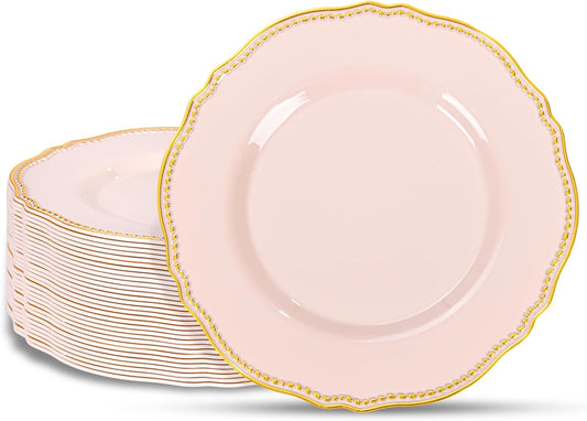 Hioasis 60pcs Pink Plastic Plates - Pink and Gold Disposable Dinnerware with Gold Rim, Heavy-duty, 10.25 inch, Dinner Plates for Party & Wedding