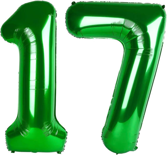 Green Number 17 Birthday Balloon 40 Inch, Digital Balloons for 17 Party Celebration Decorations Supplies, Mylar Foil Numbers Balloon for 17 Wedding Anniversary