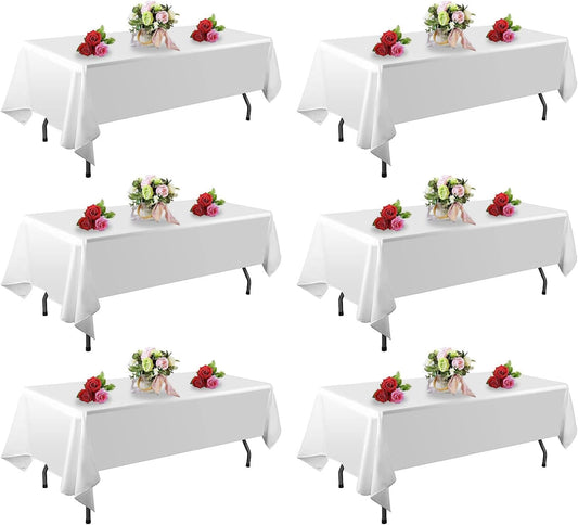 6 Pack White Table Cloth Rectangle Table 60 x 84 Inch Tablecloths for 6 Foot Rectangle Tables. Stain and Winkle Resistant Polyester Washable WhiteTable Cloths for Parties Wedding Dining