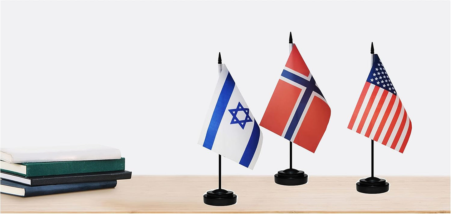 Norway Norwegian Deluxe Desk Flag Set Small Mini Miniature Norway Norwegian Table Desktop Flags With Solid Pole, Black Base and Spear Top(2 Pack)
