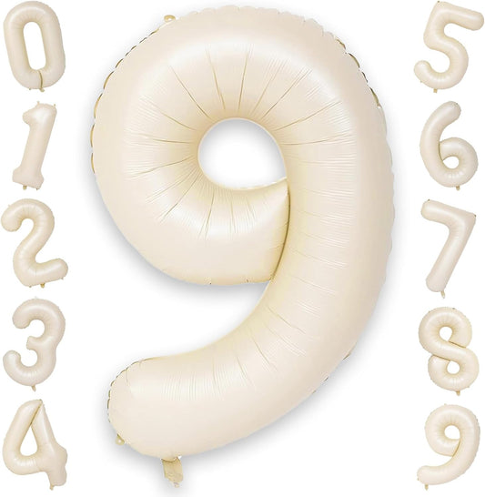 40 Inch Beige Numbers 9 Balloons, Large Self Inflating Cream White Digital 9 Helium Balloons, Giant Foil Mylar Number 9 Balloons for Women Men Girls Boys 9th Birthday Party Anniversary Decorations