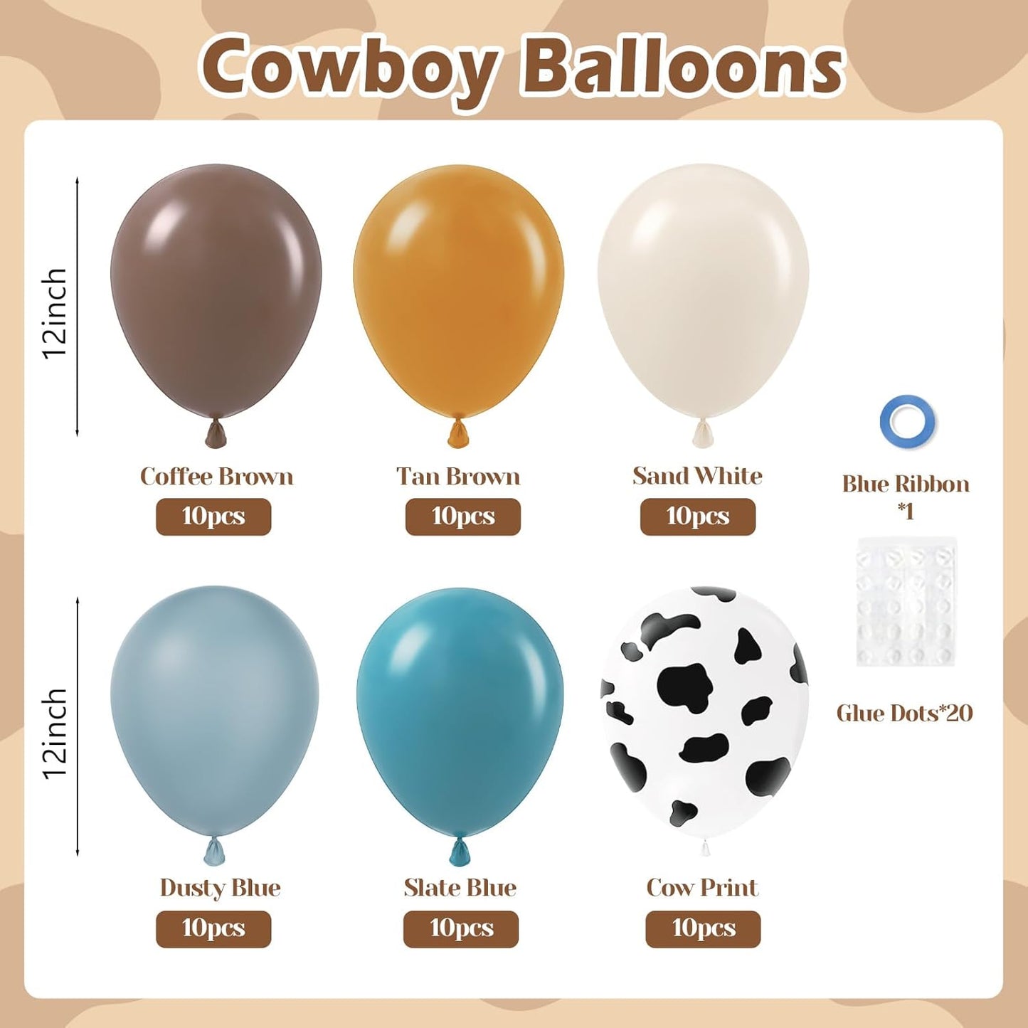 60pcs Cowboy Balloons, Brown Slate Blue Dusty Blue Sand White Latex Western Balloons for Farm Cowboy Western Baby Shower Birthday Party Decorations