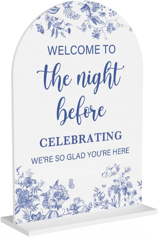 Acrylic Wedding Signs, Dusty Blue Wedding Decor, Blue Weddings Decor, Modern Calligraphy Arch Acrylic Table Top Sign for Weddings Parties Dinners - Welcome to The Night Befor (White)
