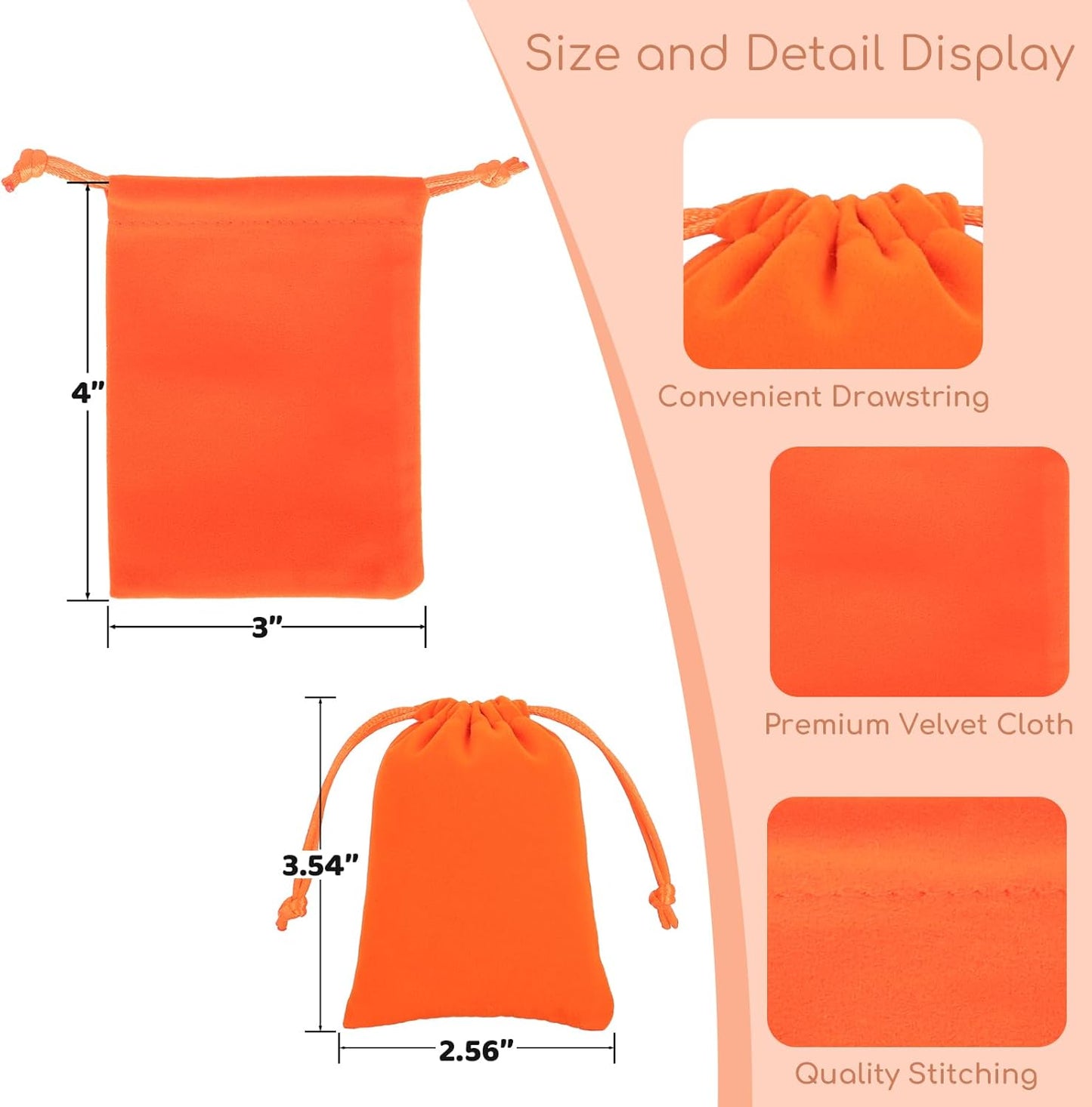 Velvet Drawstring Jewelry Bag, 50Pcs Orange Coin Pouch, 3x4 Dice Bag, for Wrapping Halloween Party Favors or Gifts for Friends, Small Bussiness, Craft Fair Vendor Supplies