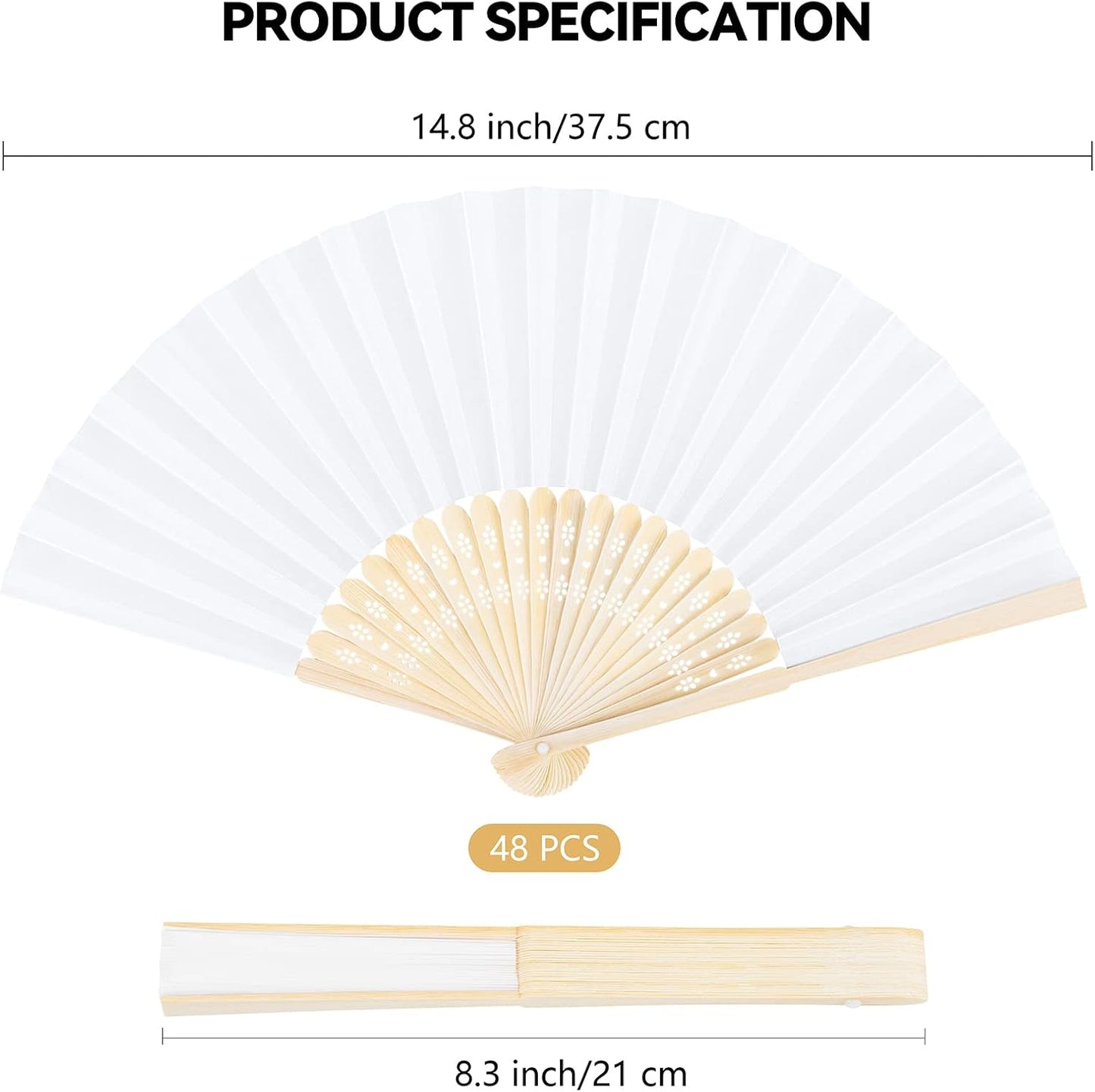 Aneco 48 Pieces Handheld Paper Fans Paper Folding Fans with Bamboos for Wedding Gift, Party, Home, DIY, White