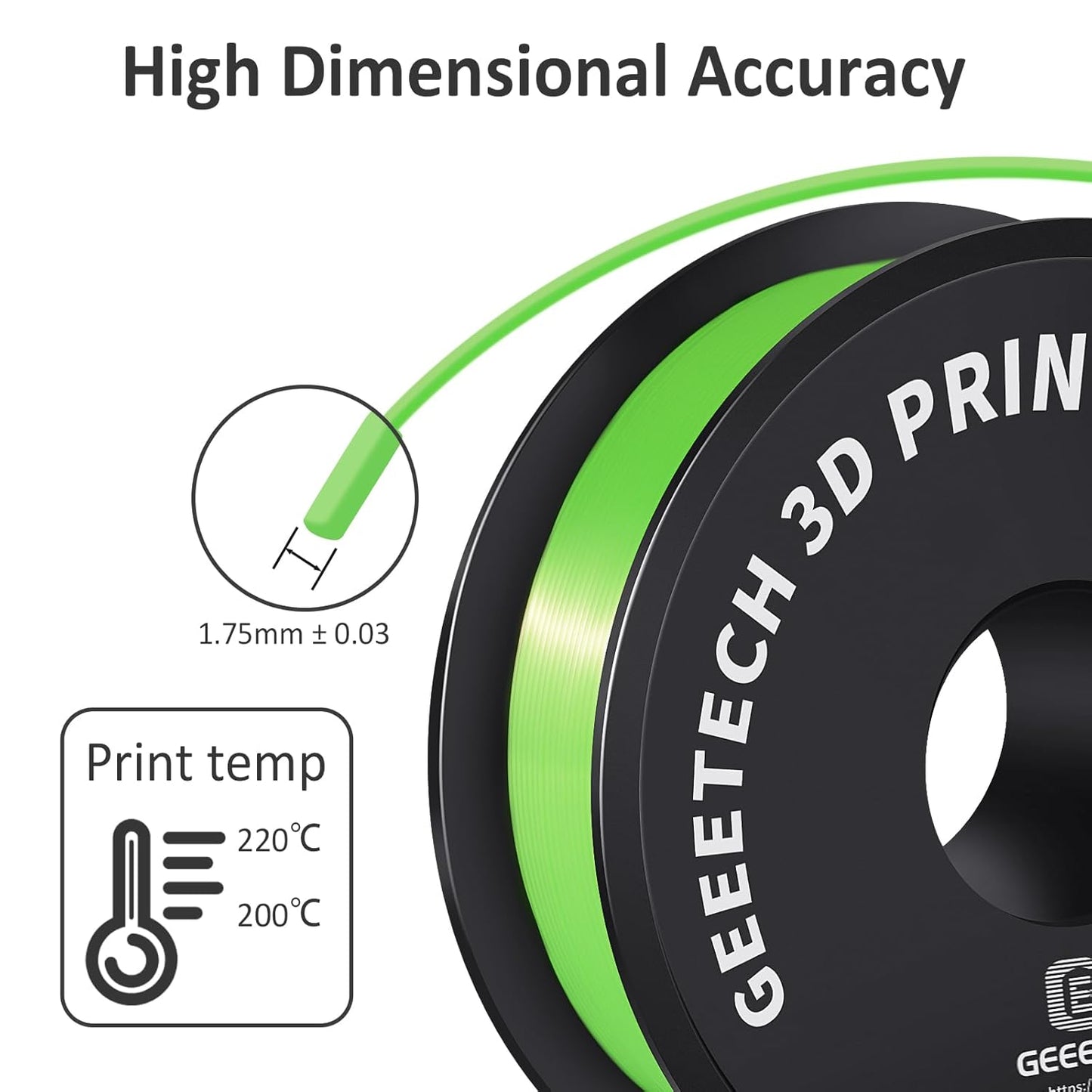 Geeetech Silk PLA Filament 1.75mm 3D Printer Filament Apple Green, Metal-Like Shiny Silk PLA Filament, 1kg (2.2lbs) 1 Spool, Dimensional Accuracy +/- 0.02 mm, Bright Green