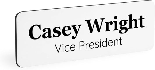 ExcelMark Custom Name Tag - Engraved Name Badge with Pin or Magnetic Backing, 16 Colors, 6 Fonts, and 2 Sizes to Choose from (White w/Black Letters, 1"x 3")