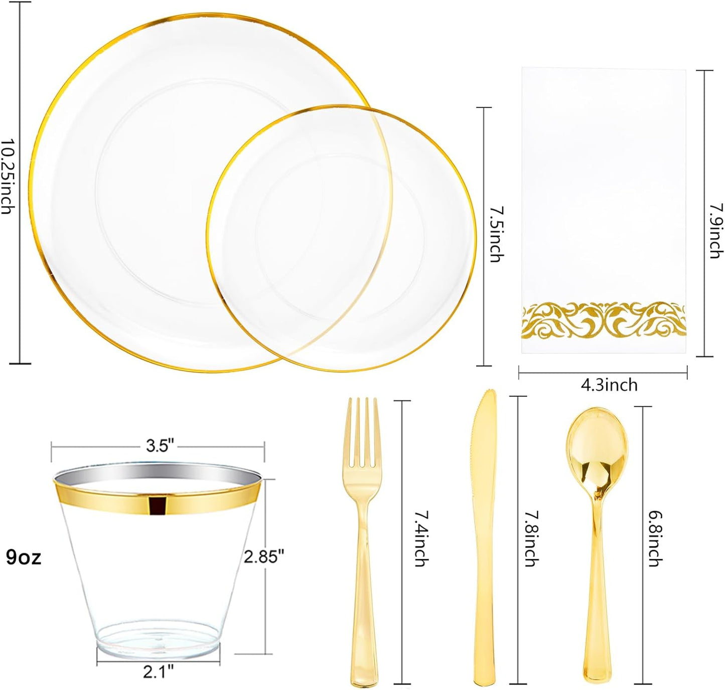 NOCCUR 350PCS Clear and Gold Plastic Plates - Gold Disposable Plastic Dinnerware Set for 50 Guests Include 100 Plastic Plates, 150 Gold Cutlery, 50 Cups&50 Napkins Idea for Wedding/Party/Thanksgiving