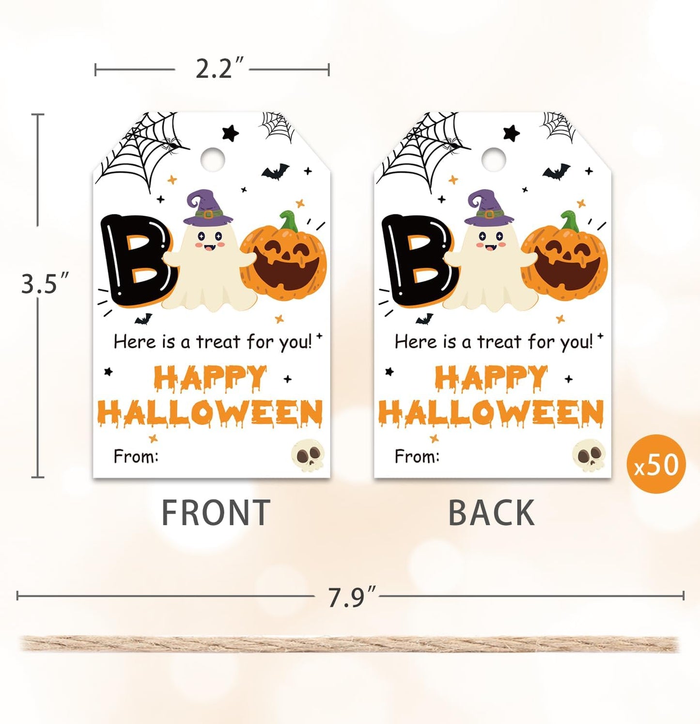 50pcs Boo Halloween Favor Tags, Halloween Class Gift Tags for Spooky Ghost Party Favor and Gift Wrapping Decoration (Happy)