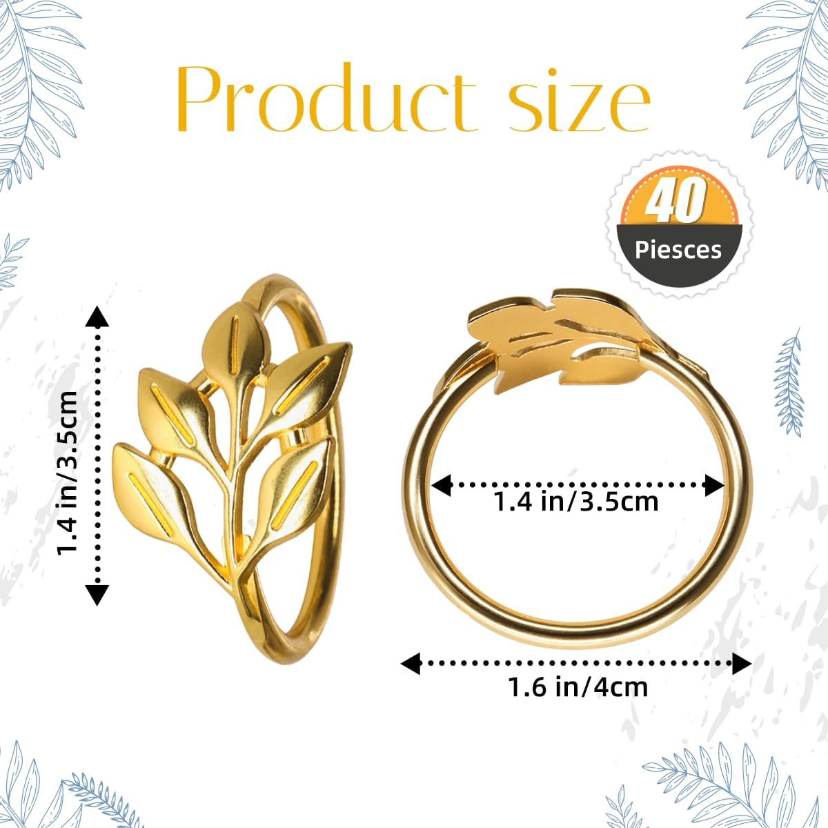 40 Pcs Leaf Napkin Rings Set, Gold Metal Napkins Rings Holders Bulk for Cloth Napkins Table Adornment for Wedding, Birthday, Thanksgiving, Christmas, Banquet, Dinning Table Decorations