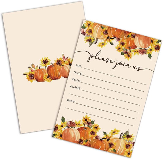 REWIDPARTY Thanksgiving Party Invitation Cards with Envelopes（Set of 15） Food Feast Invites for Family Friends Fall Invitations with Pumpkin and Florals Birthday Bridal Party Fill-in Invitation cards